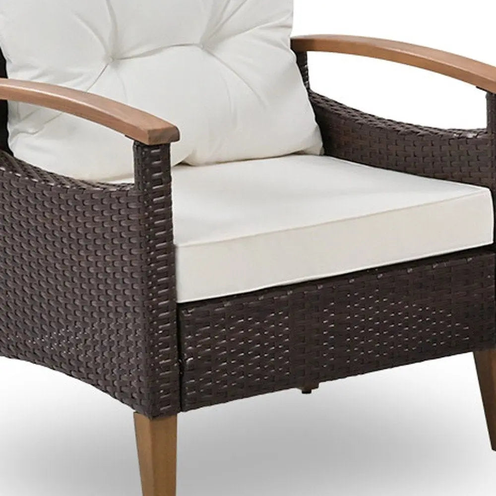 Three Piece Outdoor Beige Rattan Sofa Seating Group with Beige Cushions - NOBLE HOME INTERIORS