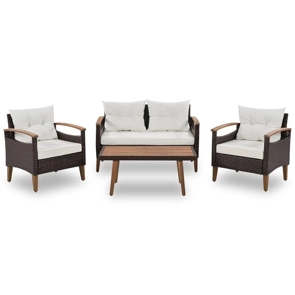 Three Piece Outdoor Beige Rattan Sofa Seating Group with Beige Cushions - NOBLE HOME INTERIORS