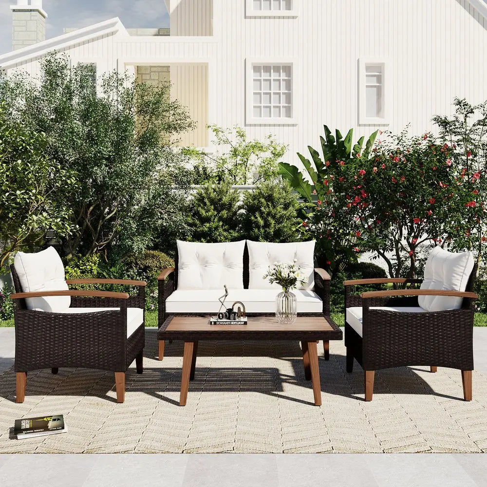 Three Piece Outdoor Beige Rattan Sofa Seating Group with Beige Cushions - NOBLE HOME INTERIORS