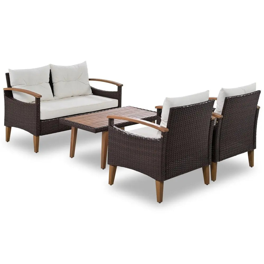 Three Piece Outdoor Beige Rattan Sofa Seating Group with Beige Cushions - NOBLE HOME INTERIORS
