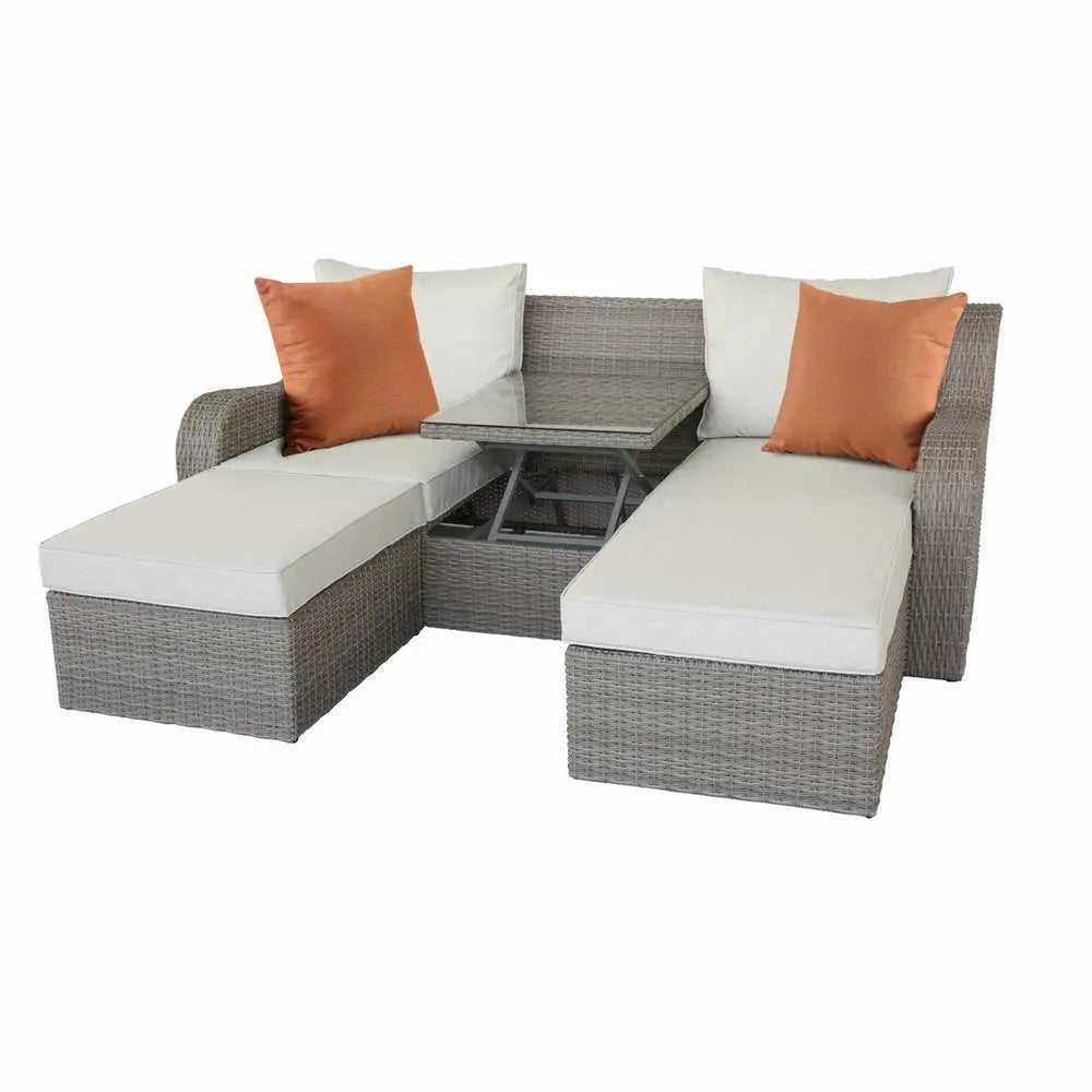 Three Piece Outdoor Gray Wicker Sectional Seating Group with Beige Cushions - NOBLE HOME INTERIORS