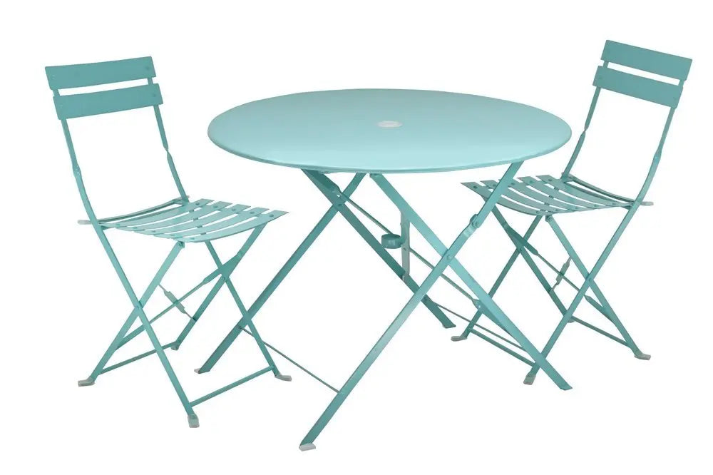 Three Piece Teal Blue Round Metal Dining Set with Two Chairs - NOBLE HOME INTERIORS