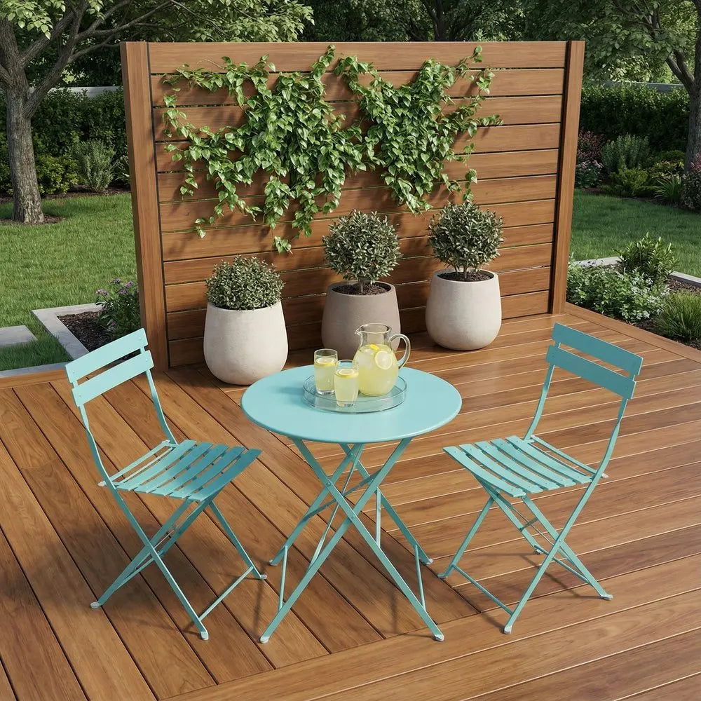 Three Piece Teal Blue Round Metal Dining Set with Two Chairs - NOBLE HOME INTERIORS