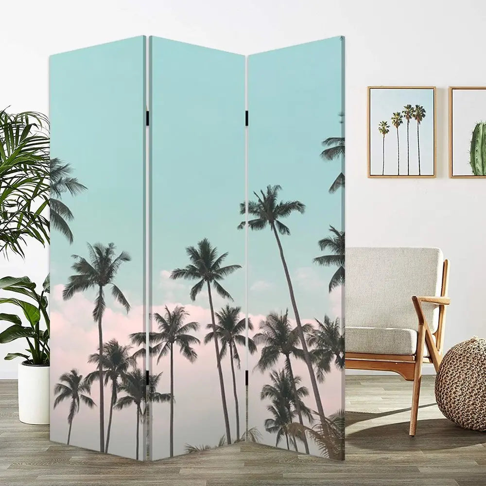 Tropical Palm Trees Room Three Panel Divider Screen - NOBLE HOME INTERIORS