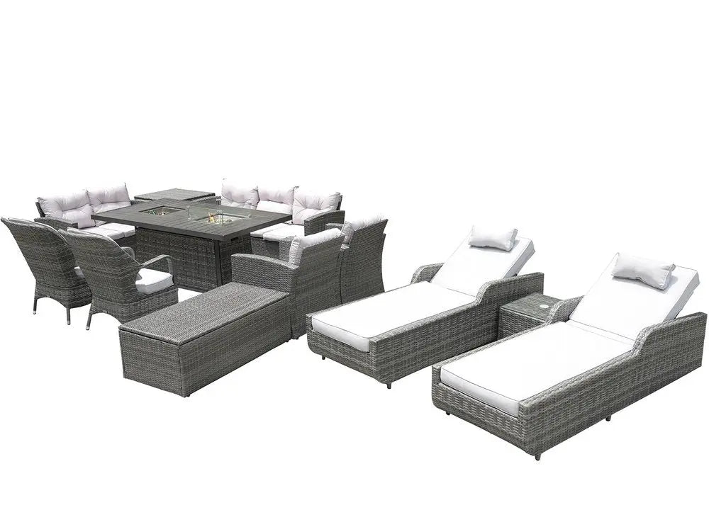 Twelve Piece Outdoor Gray Wicker Multiple Chairs Seating Group Fire Pit Included with White Cushions - NOBLE HOME INTERIORS