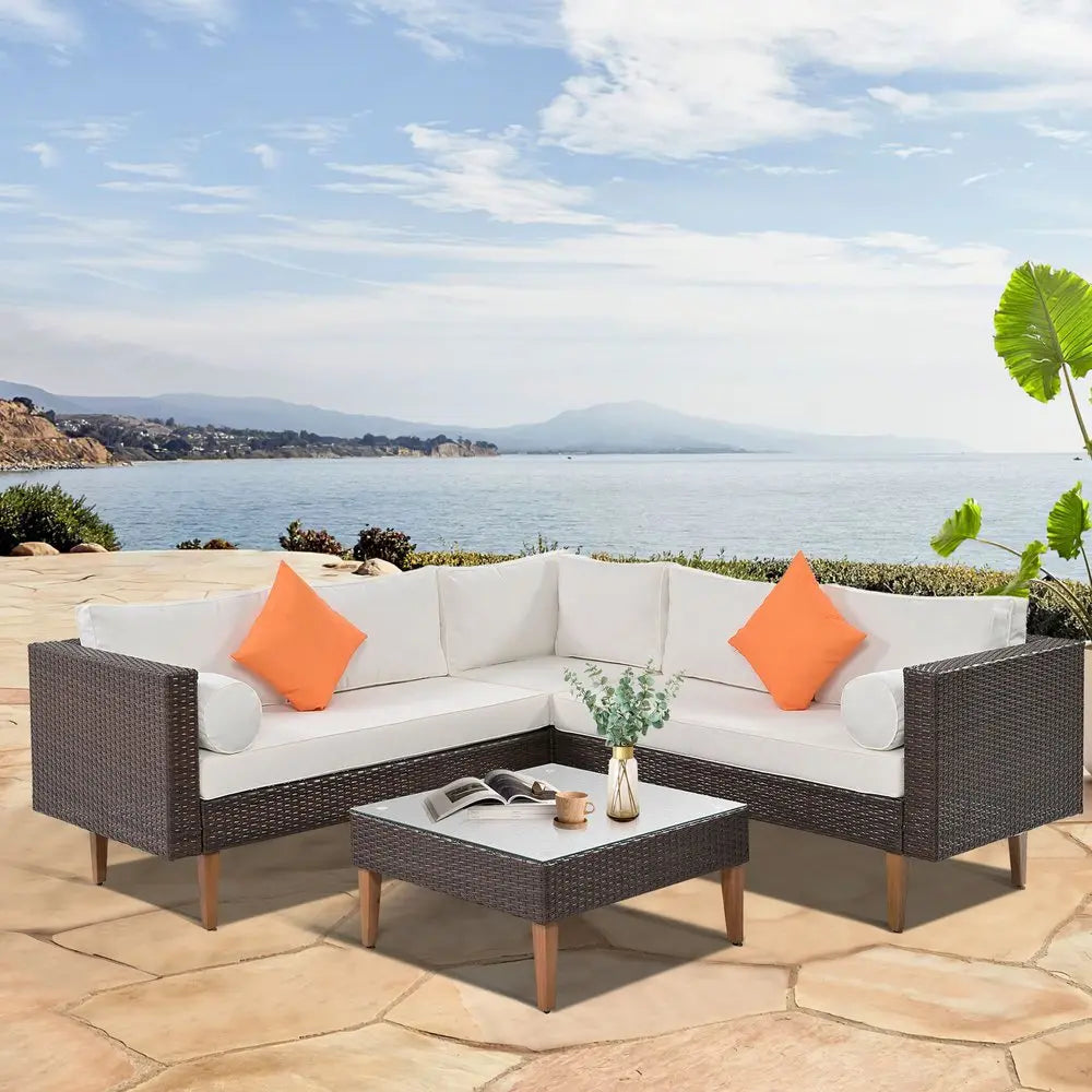 Two Piece Outdoor Beige Wicker Sectional Seating Group with Beige Cushions - NOBLE HOME INTERIORS