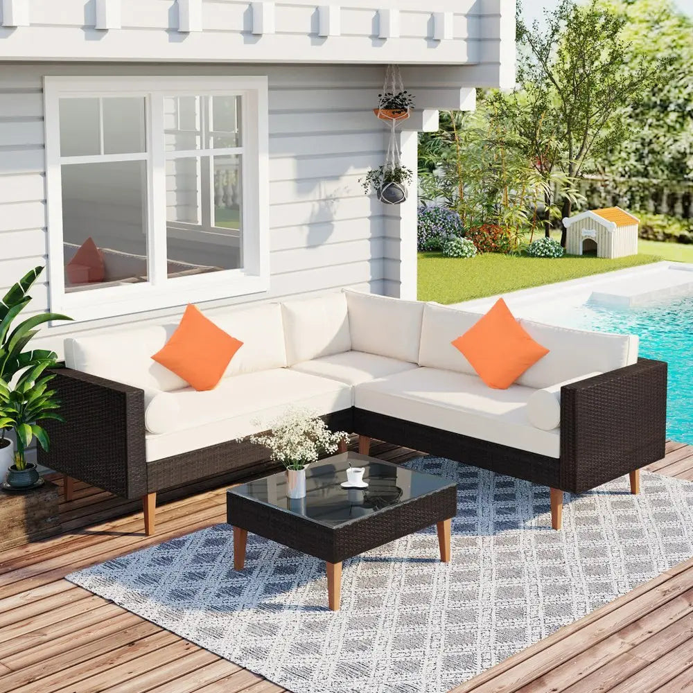 Two Piece Outdoor Beige Wicker Sectional Seating Group with Beige Cushions - NOBLE HOME INTERIORS