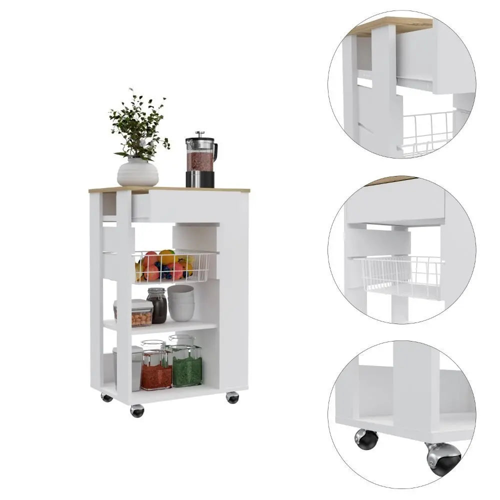White and Brown 22" Rolling Kitchen Cart With Storage - NOVA HOME FURNITURE