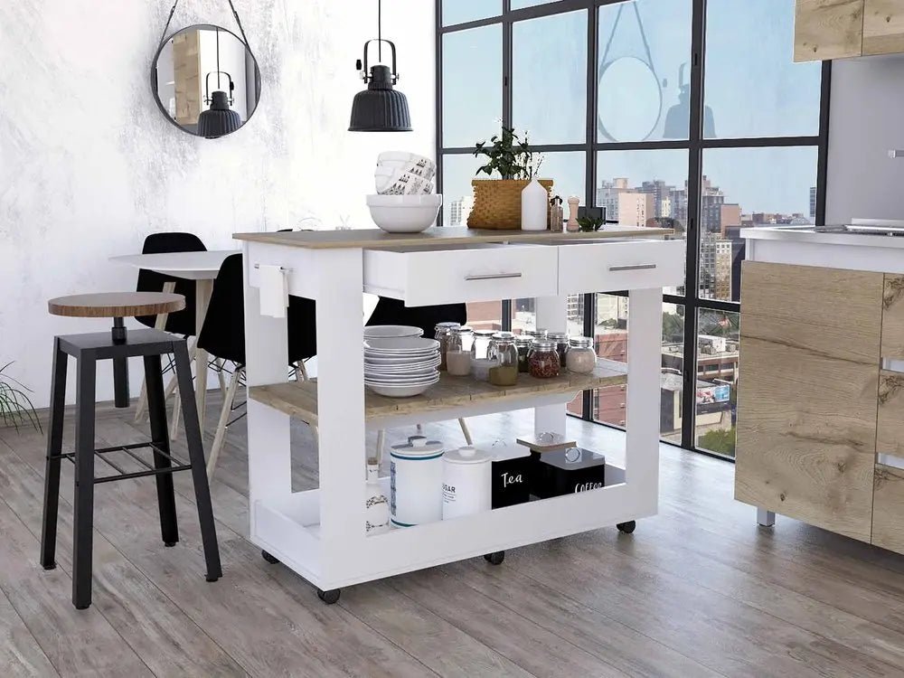 White and Brown 40" Rolling Kitchen Cart With Storage - NOBLE HOME INTERIORS