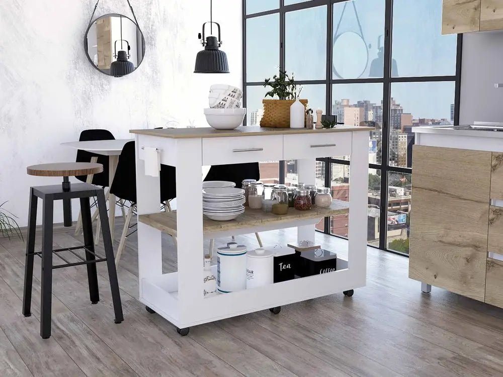 White and Brown 40" Rolling Kitchen Cart With Storage - NOBLE HOME INTERIORS