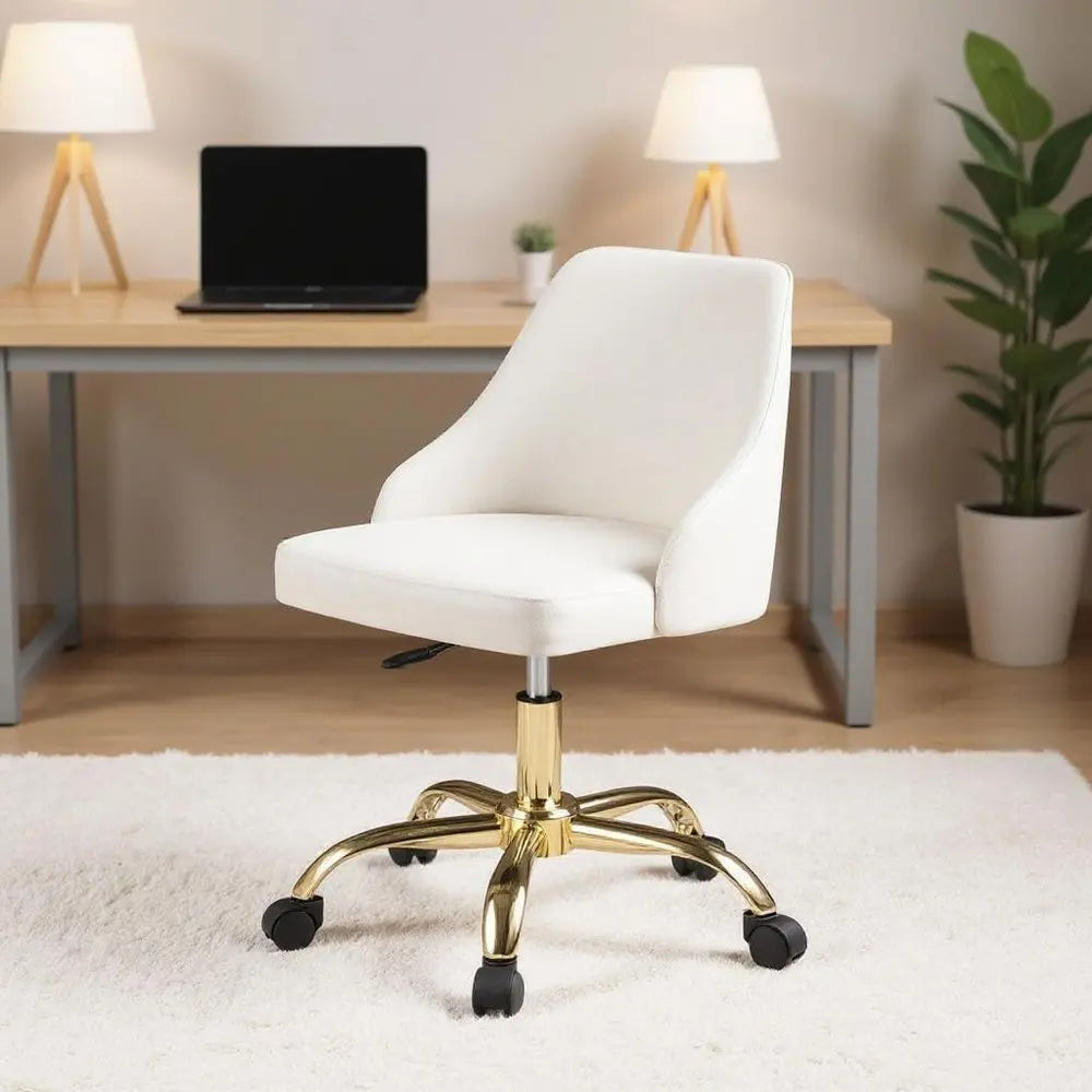 White and Gold Faux Leather Adjustable Height Swivel Rolling Office Chair - NOBLE HOME INTERIORS