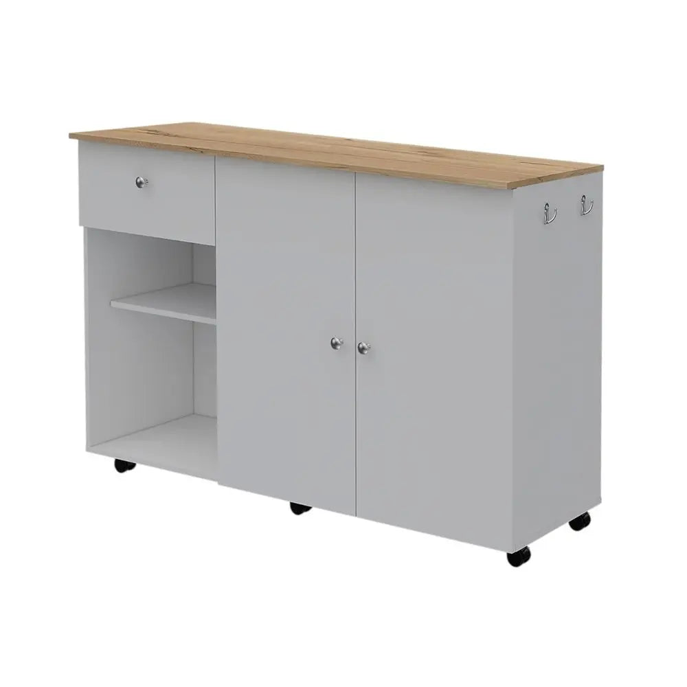 White and Natural 54" Rolling Kitchen Island With Storage - NOVA HOME FURNITURE