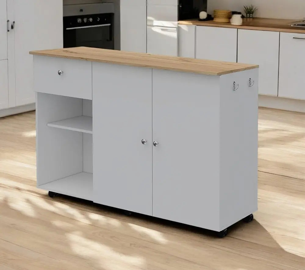 White and Natural 54" Rolling Kitchen Island With Storage - NOVA HOME FURNITURE