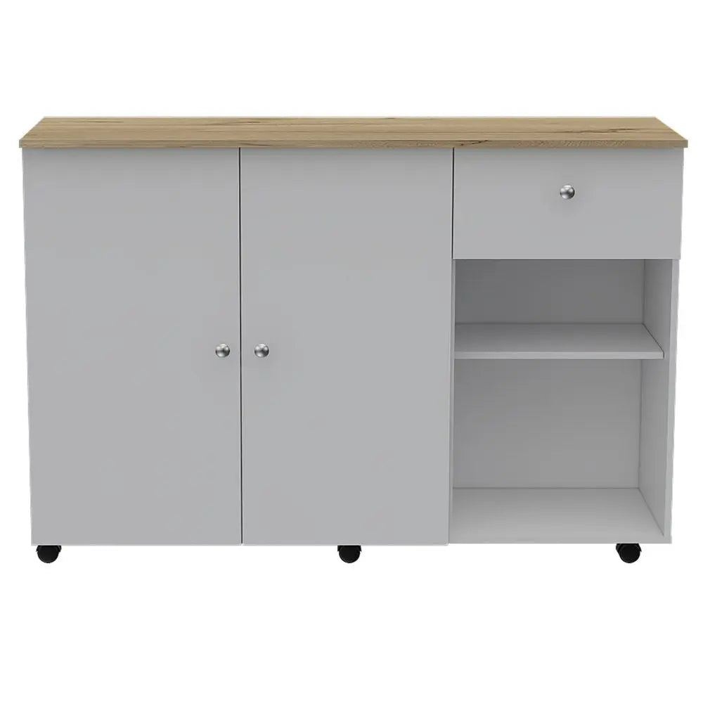 White and Natural 54" Rolling Kitchen Island With Storage - NOVA HOME FURNITURE