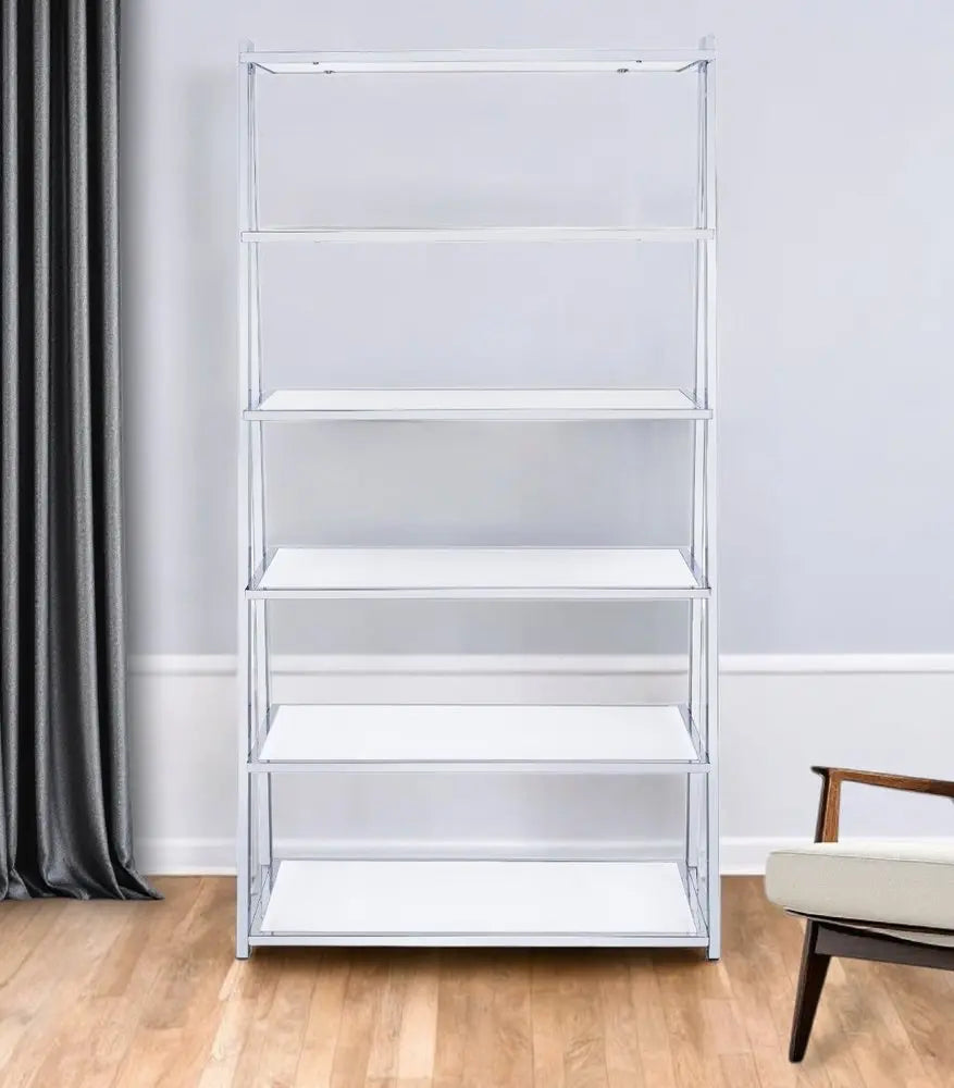 White And Silver Metal and Glass Five Tier Ladder Bookcase - NOBLE HOME INTERIORS
