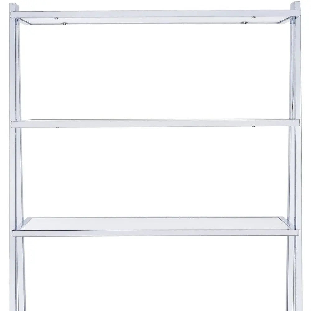 White And Silver Metal and Glass Five Tier Ladder Bookcase - NOBLE HOME INTERIORS