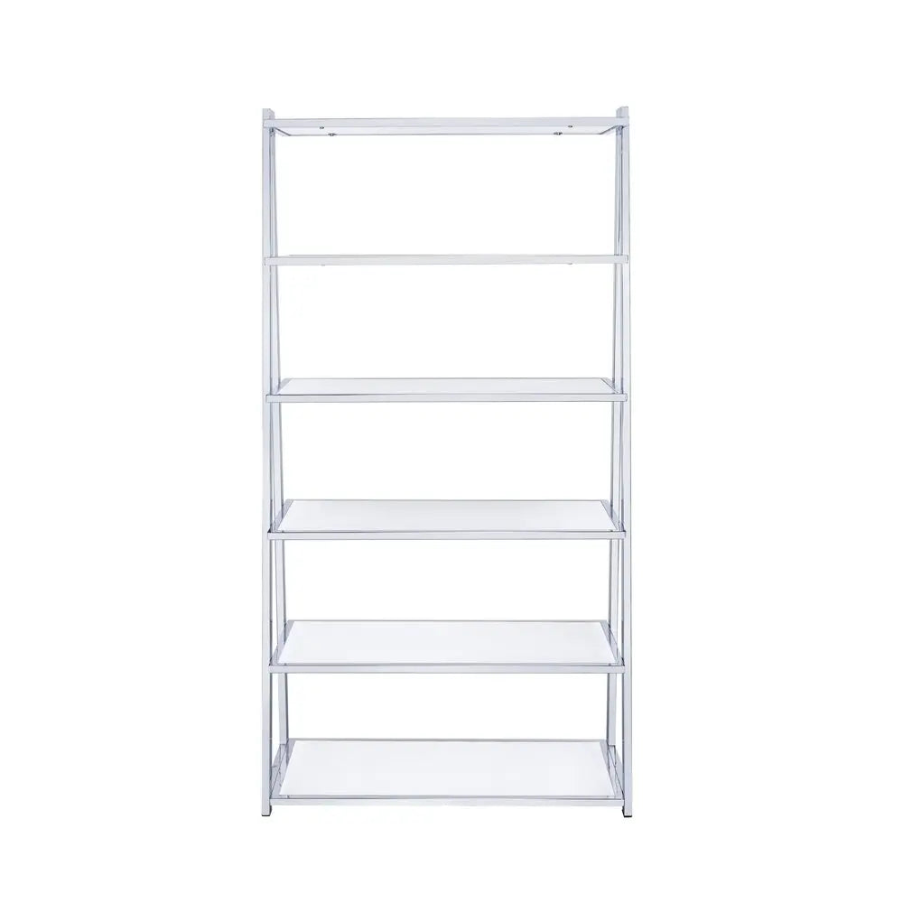 White And Silver Metal and Glass Five Tier Ladder Bookcase - NOBLE HOME INTERIORS