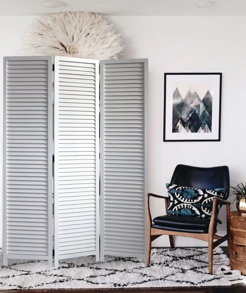 White Louvered Three Panel Room Divider Screen - NOBLE HOME INTERIORS