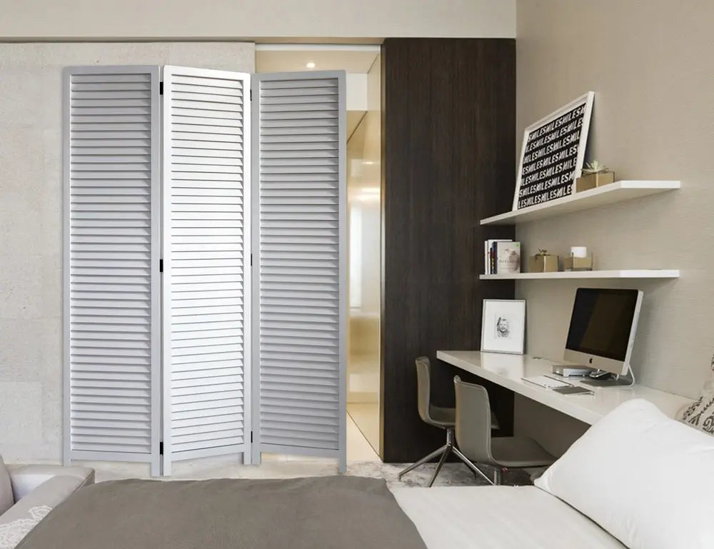 White Louvered Three Panel Room Divider Screen - NOBLE HOME INTERIORS