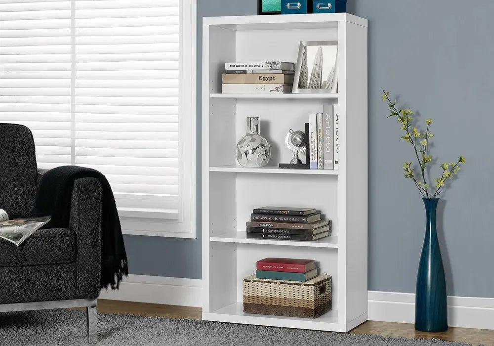White Wood Adjustable Four Tier Bookcase - NOBLE HOME INTERIORS