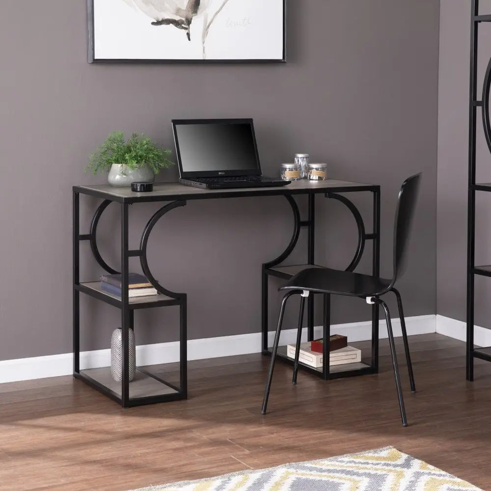 Wood and Iron Writing Desk with Storage - NOBLE HOME INTERIORS